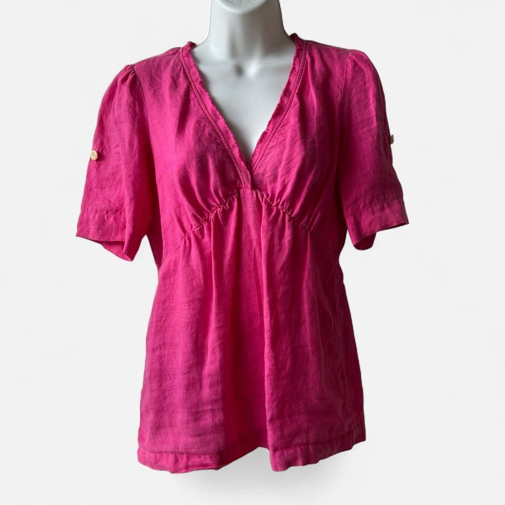 Banana Republic 100% Linen | Fuchsia Pink V-Neck Blouse Top | Size XS